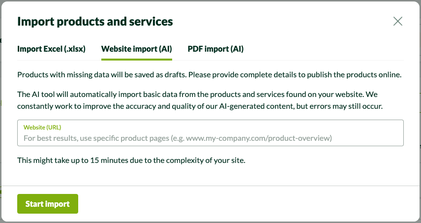 Add products and services via website import